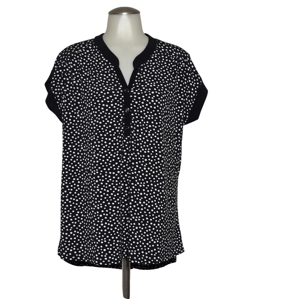 Diana Belle Henley Top Womens XL Black Polka Dot Contrast Trim NWTSoft Stretchy